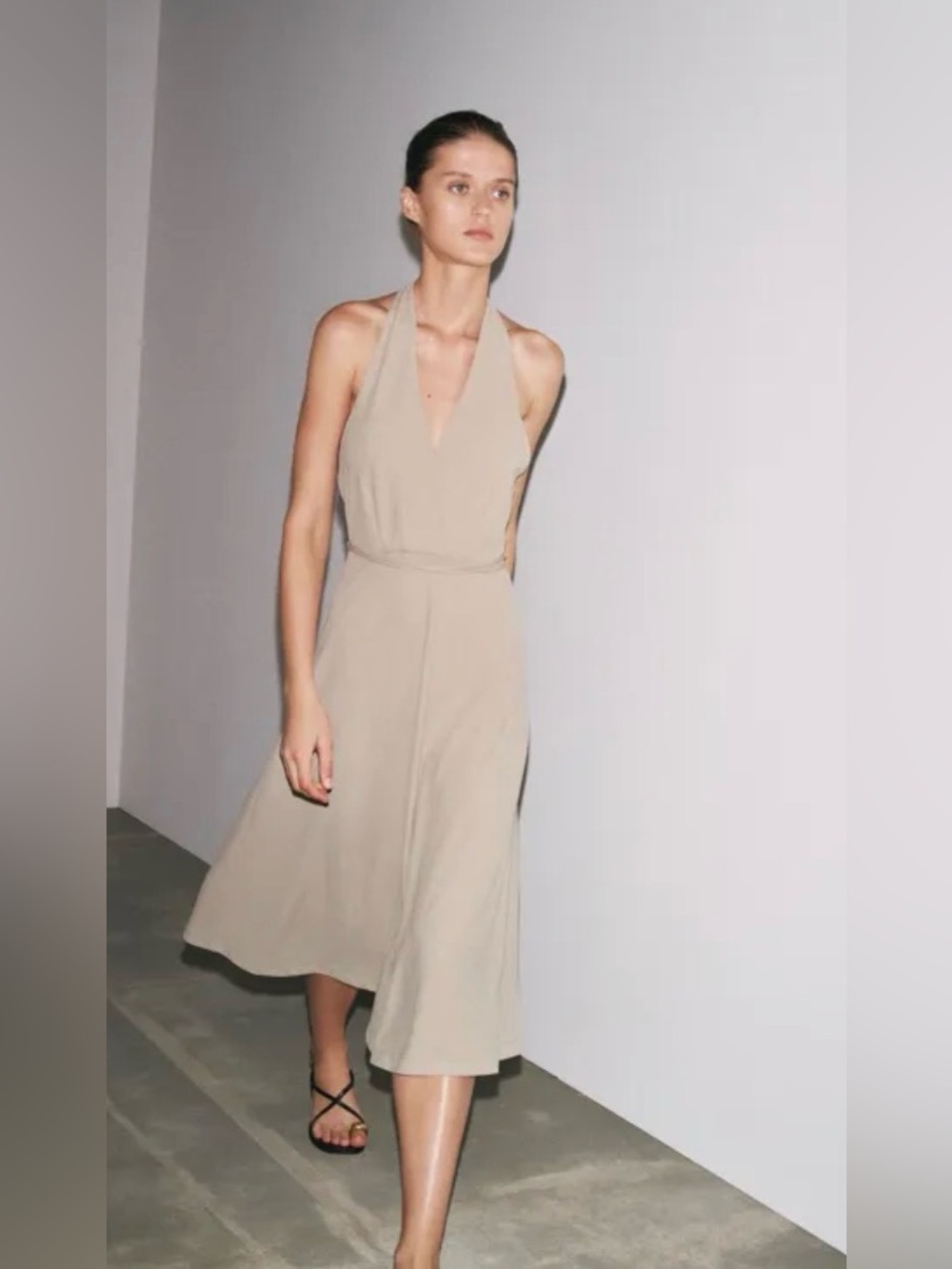 Zara Neutral Halter Midi Dress in Beige - Picture 1 of 4